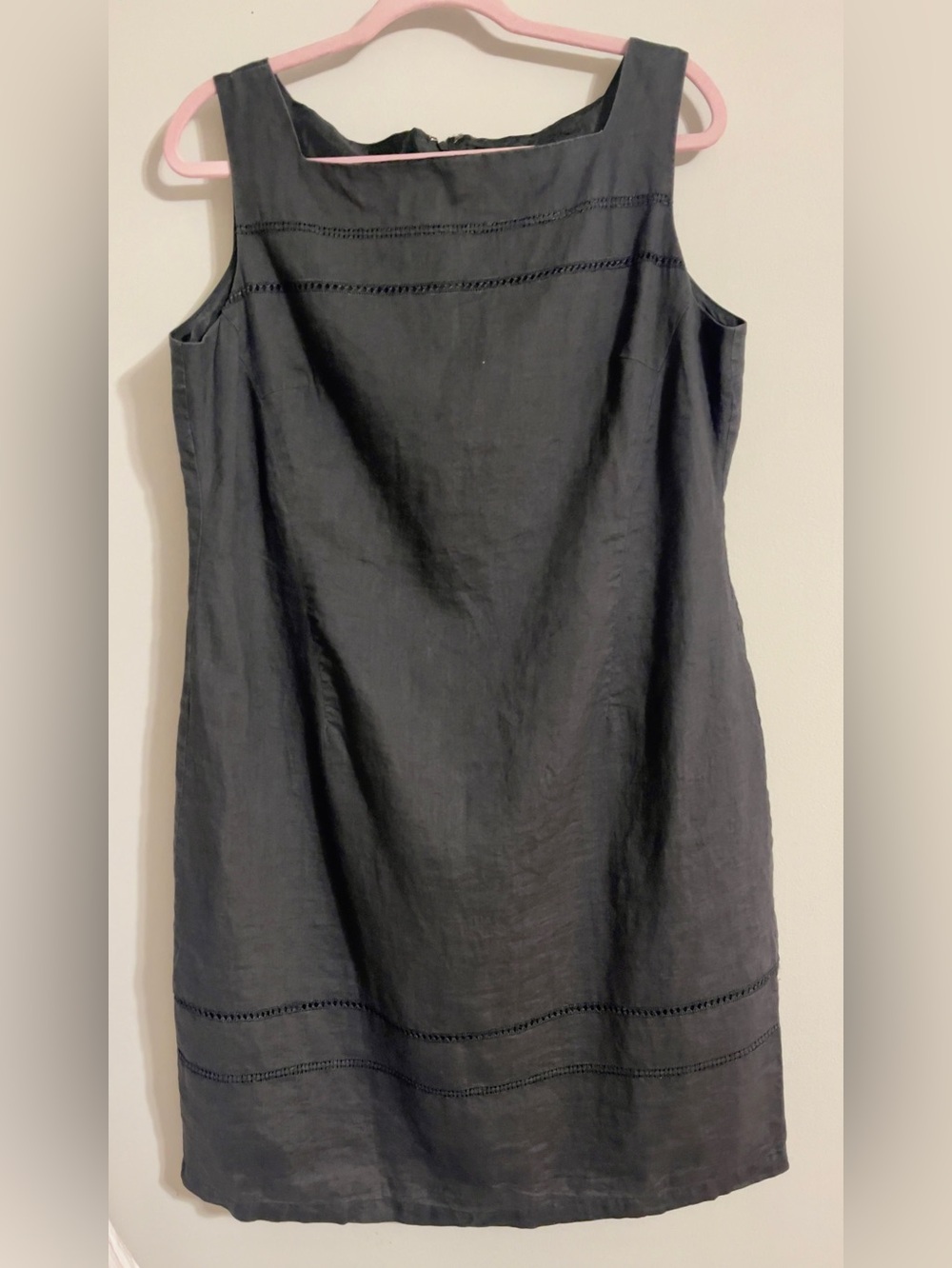 Vintage Appraisal Black Ramie Shift Dress Eyelet Trim Sz 16 90s Boho Minimalist